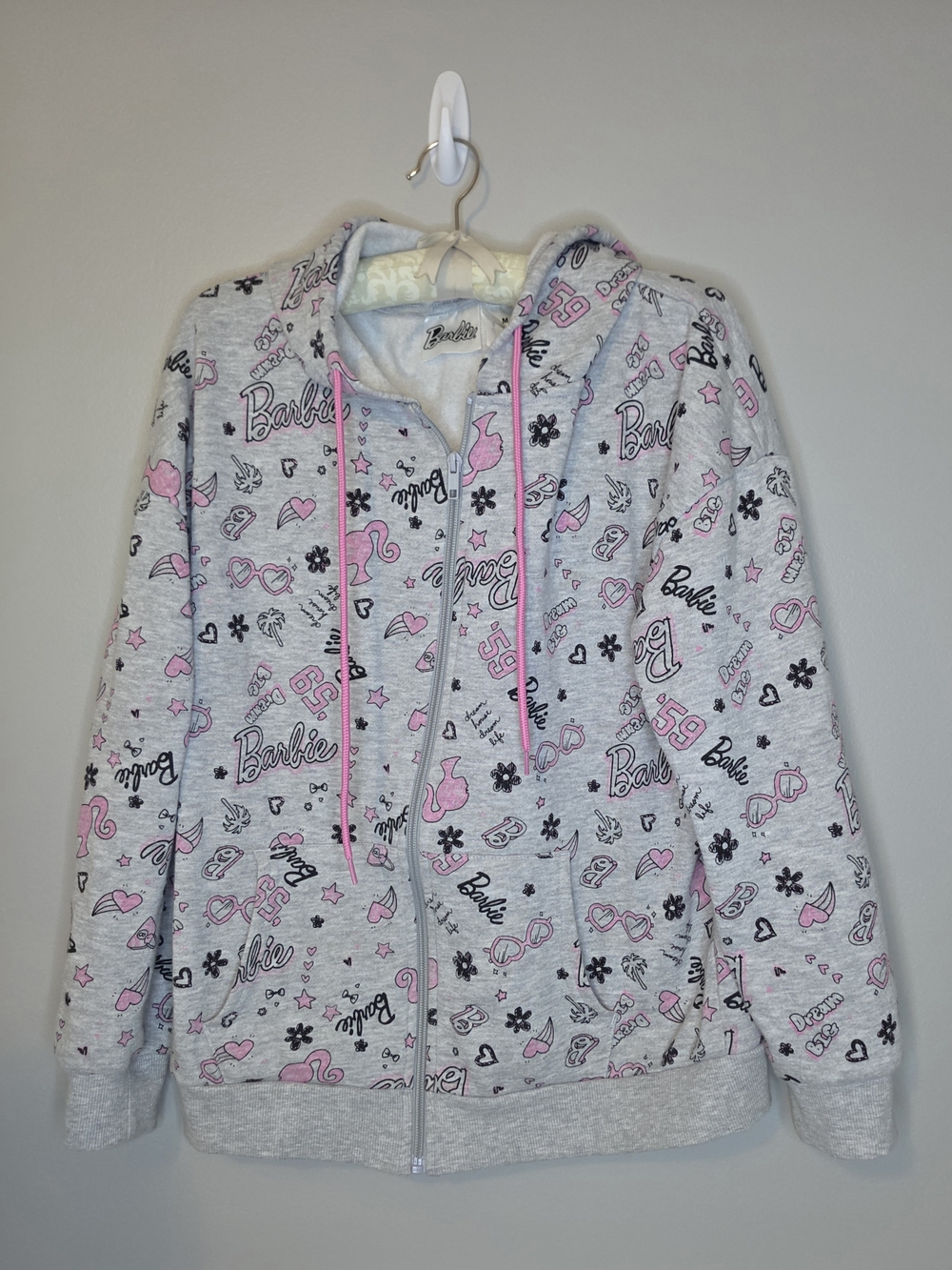 Barbie Light Gray & Pink Allover Print Zip Hoodie